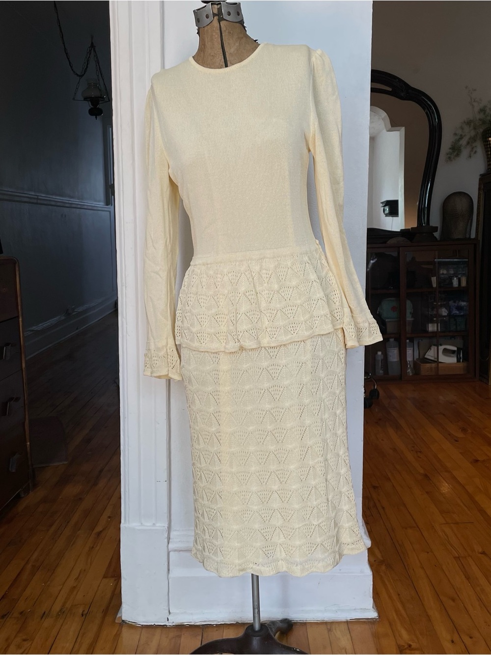 Cream Long Sleeve Knit Peplum Dress